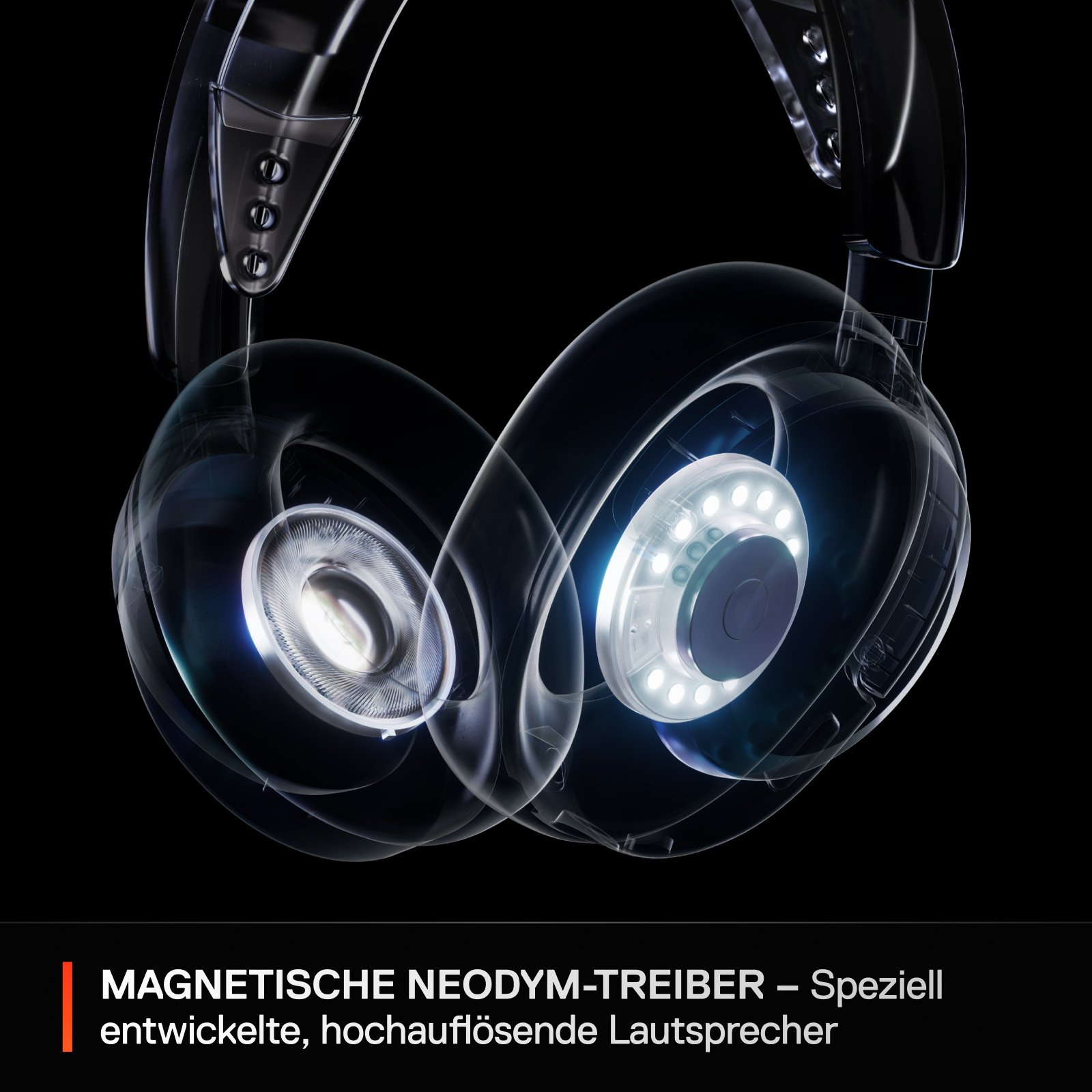 Transparente Kopfhörer zeigen Neodym-Treiber und weiße LEDs. Schwarzer Hintergrund.