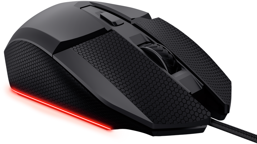 Fekete gamer egér piros LED-es kiemelőkkel és méhsejt mintás markolattal.