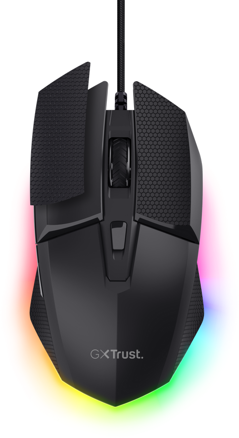 Fekete gamer egér színes RGB világítással és GXT Trust logóval.