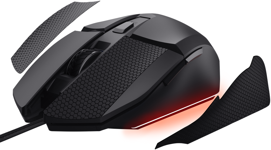 Fekete gamer egér méhsejt mintás markolatokkal és piros világítással.
