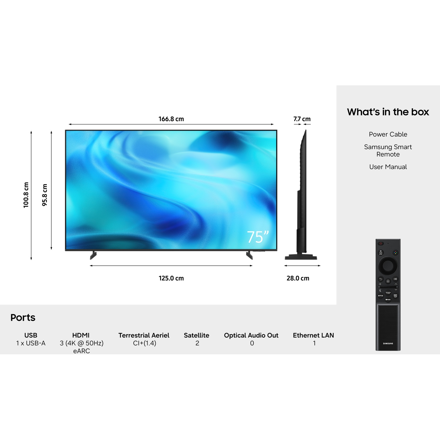 75-inch TV with dimensions, ports, remote, and box contents listed.