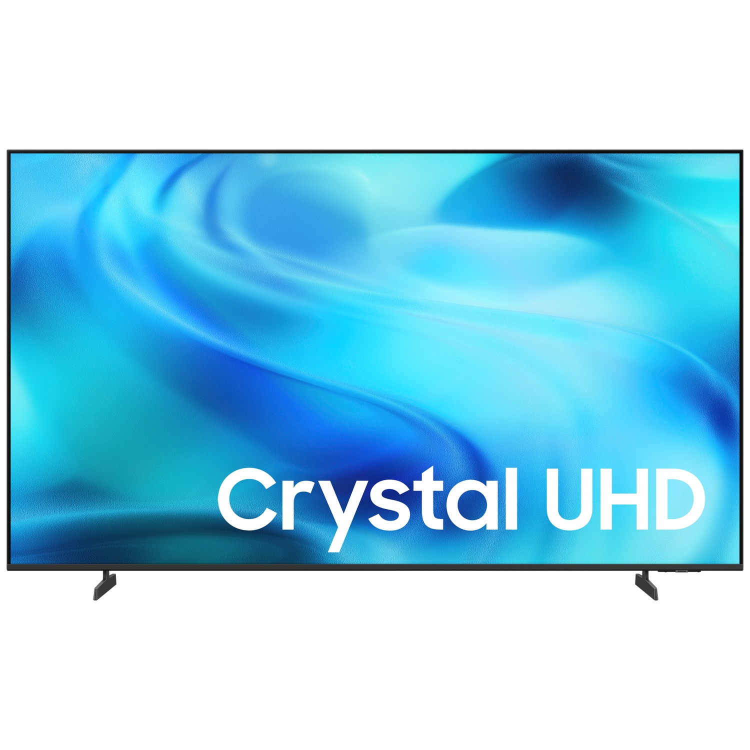 A modern television with a blue background displaying "Crystal UHD".