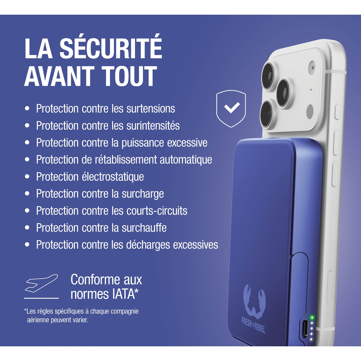 Une batterie externe bleue est attachée à un smartphone blanc. Texte sur la sécurité.