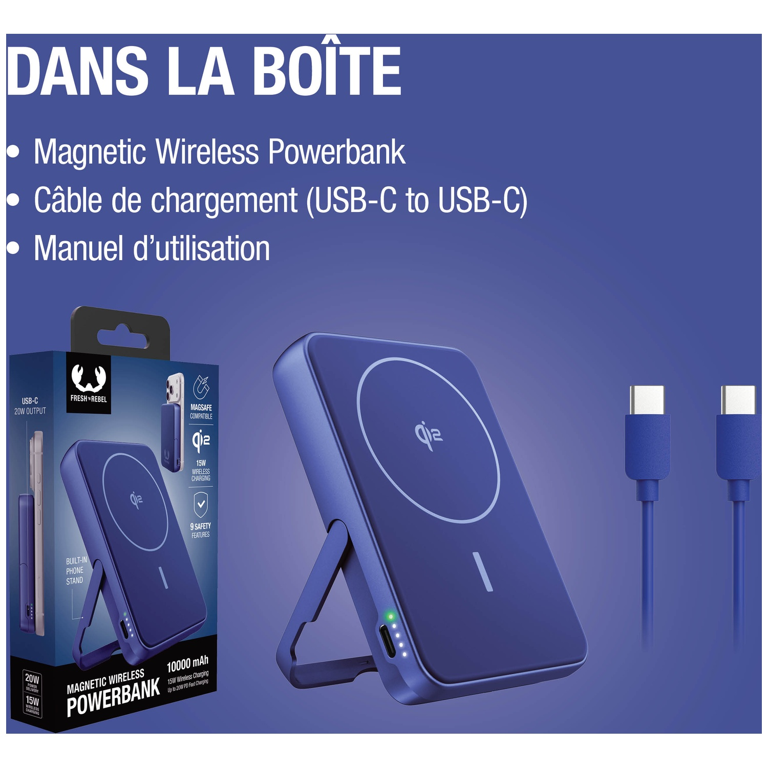 Batterie externe bleue avec support, câble de chargement et emballage. Inclut batterie, câble et manuel.