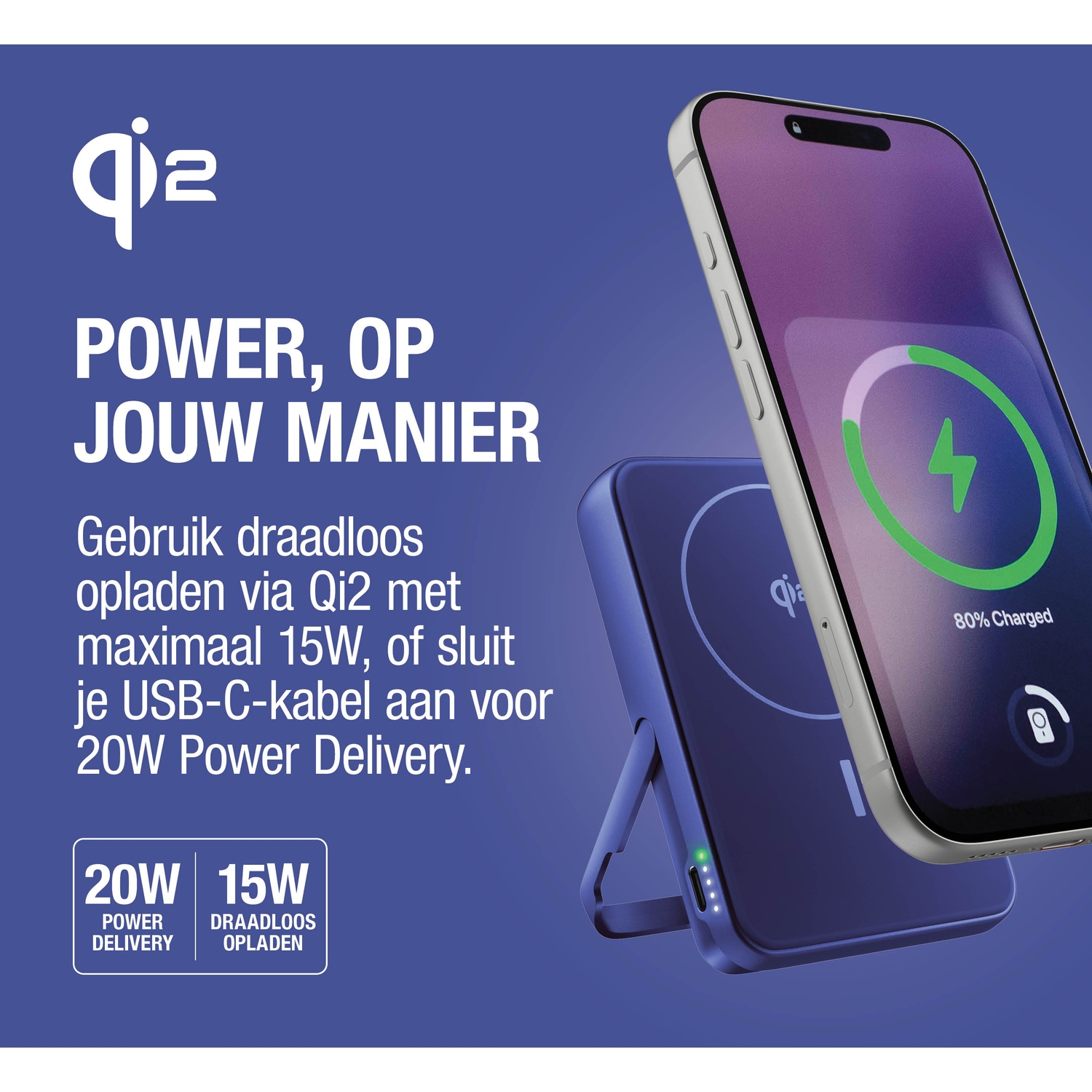 Een smartphone wordt draadloos opgeladen op een blauwe Qi2-lader.