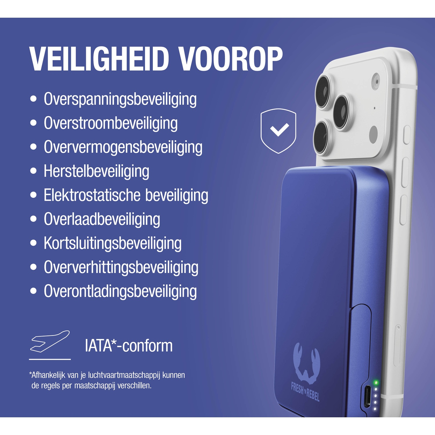 Veiligheid voorop: Een witte smartphone laadt op een blauwe powerbank met logo.