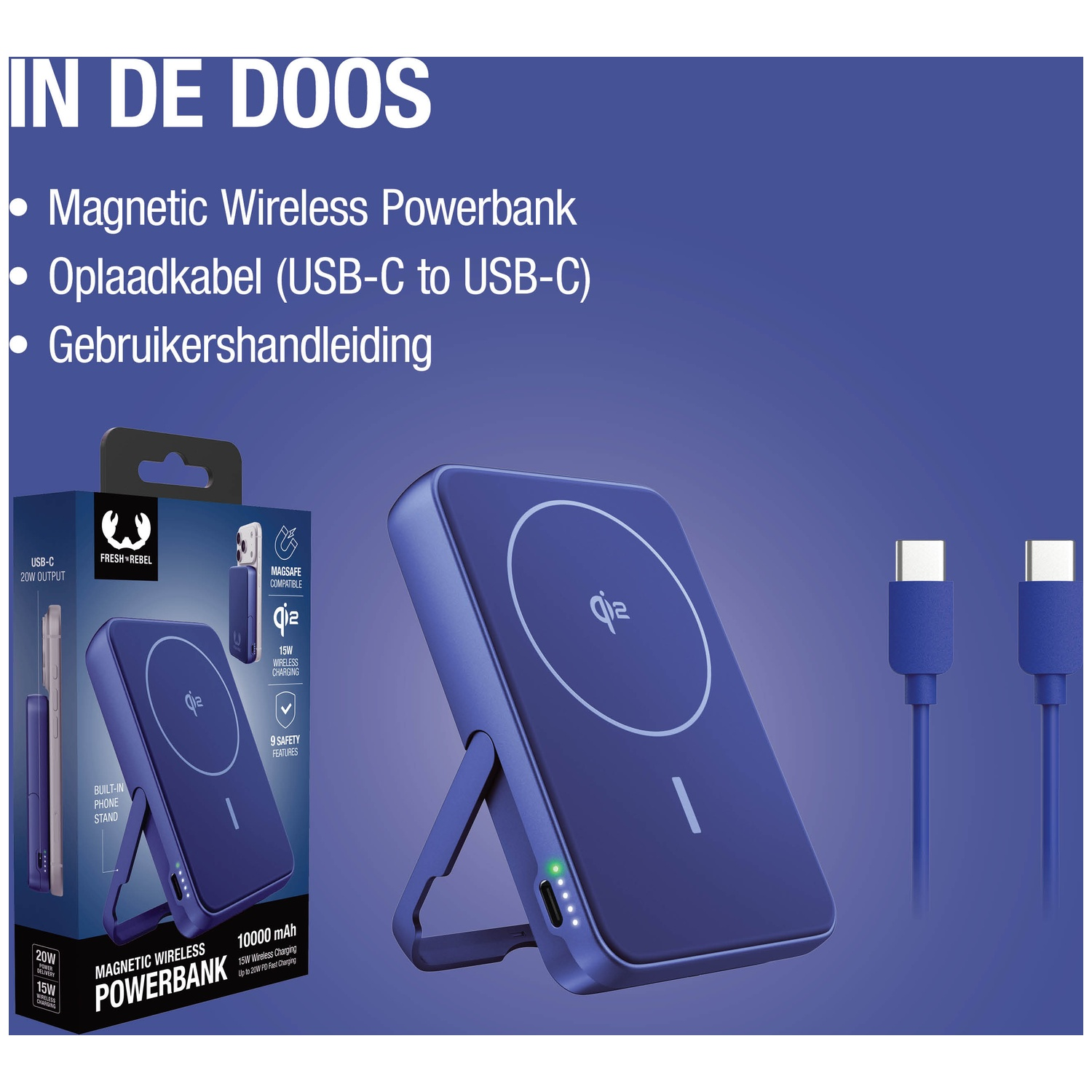 Blauwe draadloze powerbank met standaard en twee USB-C kabels.