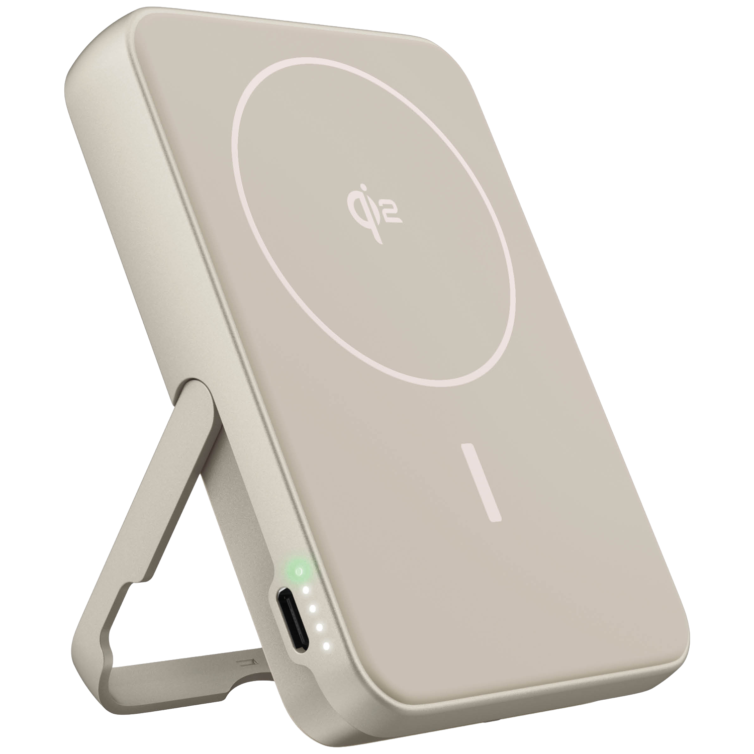 Un chargeur Qi beige clair avec support, port USB et indicateurs de charge.