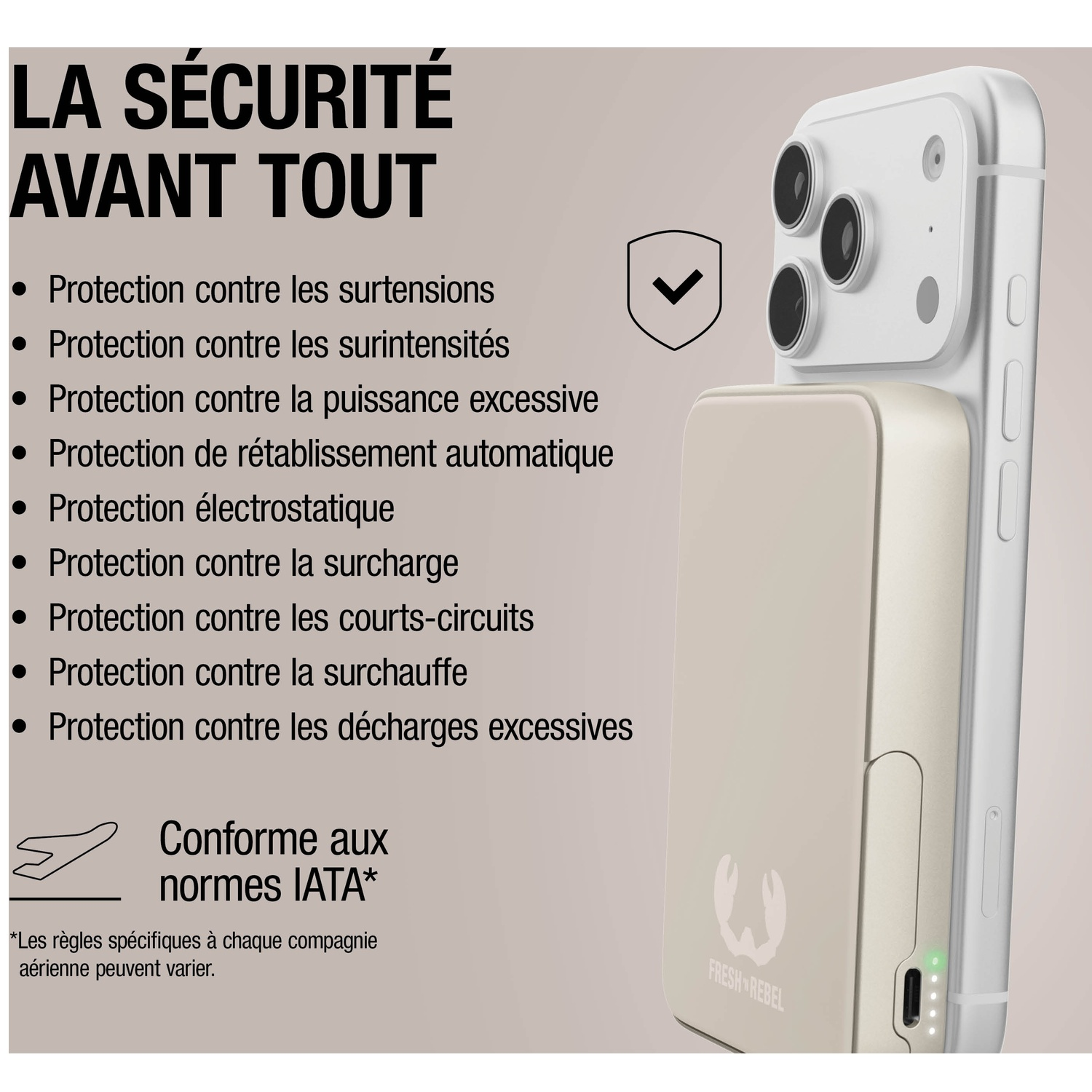 La sécurité avant tout. Liste des protections et badge conforme IATA. Téléphone et batterie externe.