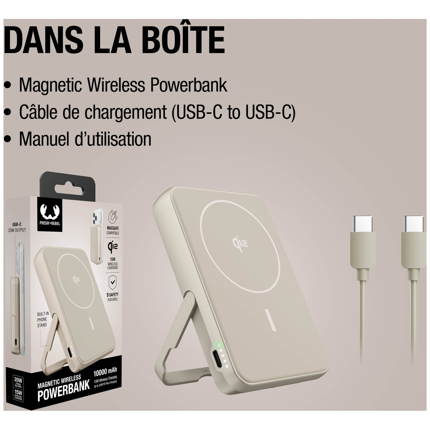 Batterie externe MagSafe beige avec support, deux câbles USB-C et emballage.