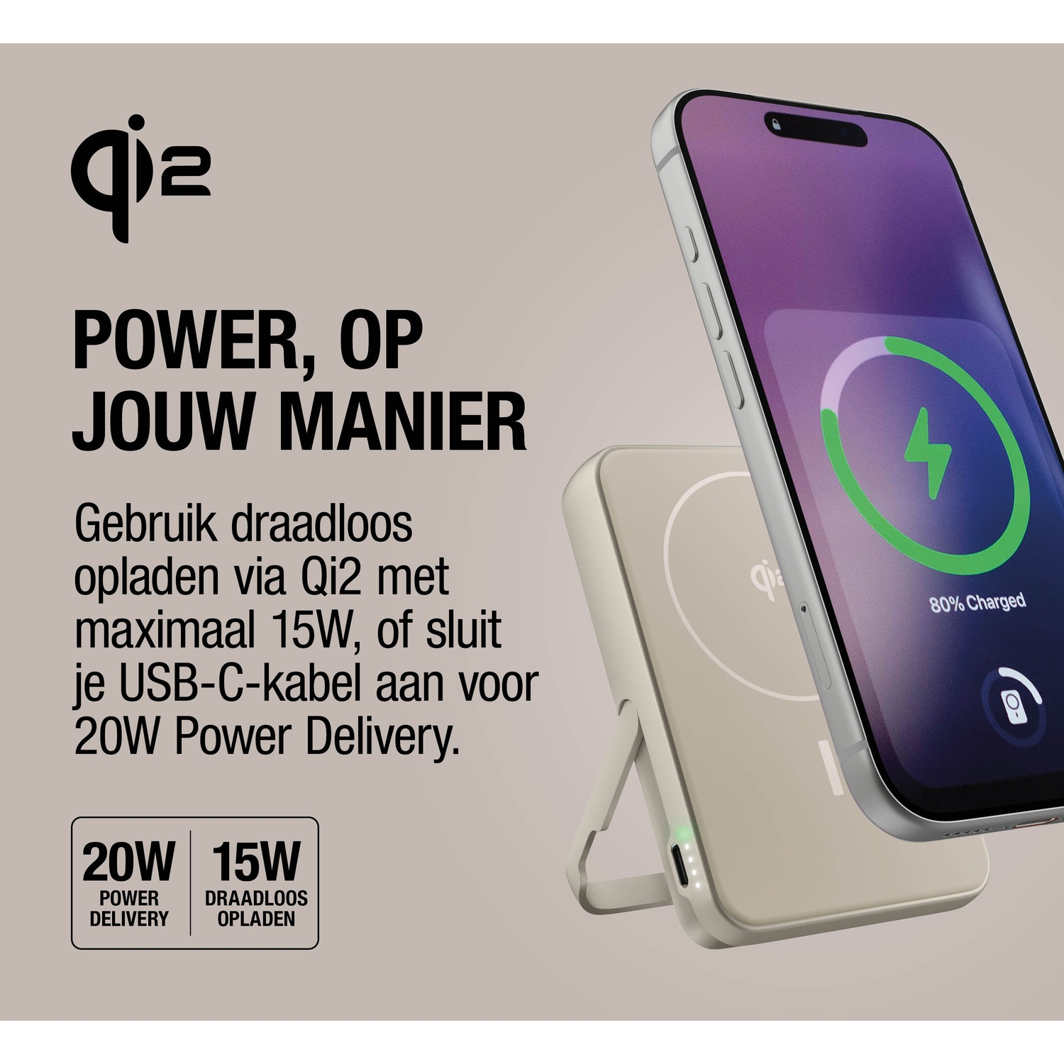 Een iPhone laadt draadloos op een Qi2-oplader met 15W of 20W Power Delivery.