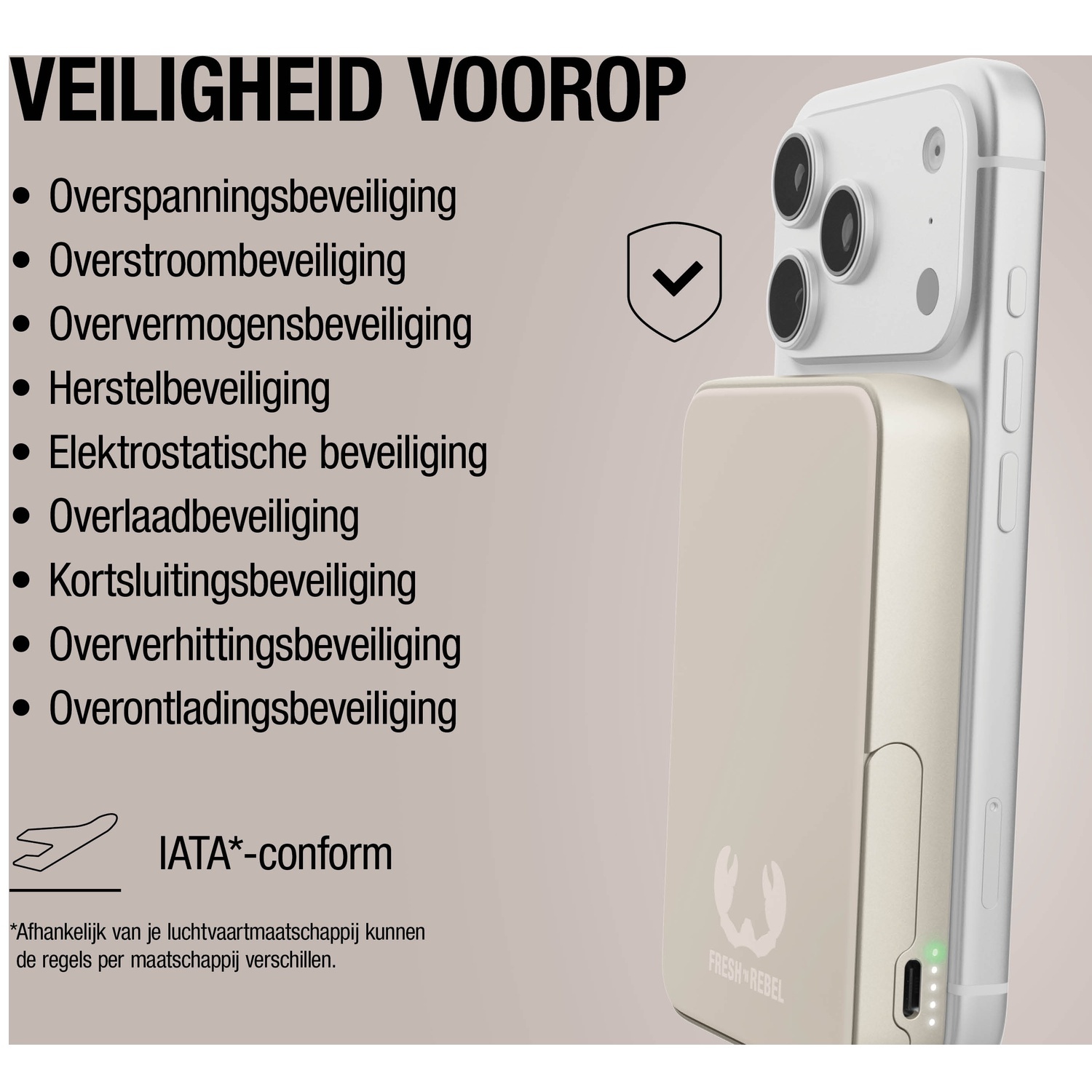 Veiligheid voorop: Lijst van veiligheidsfuncties en een telefoon met powerbank.