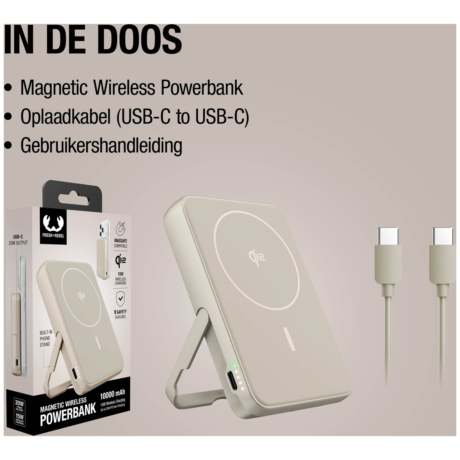 Beige MagSafe powerbank met standaard, twee USB-C kabels en verpakking.
