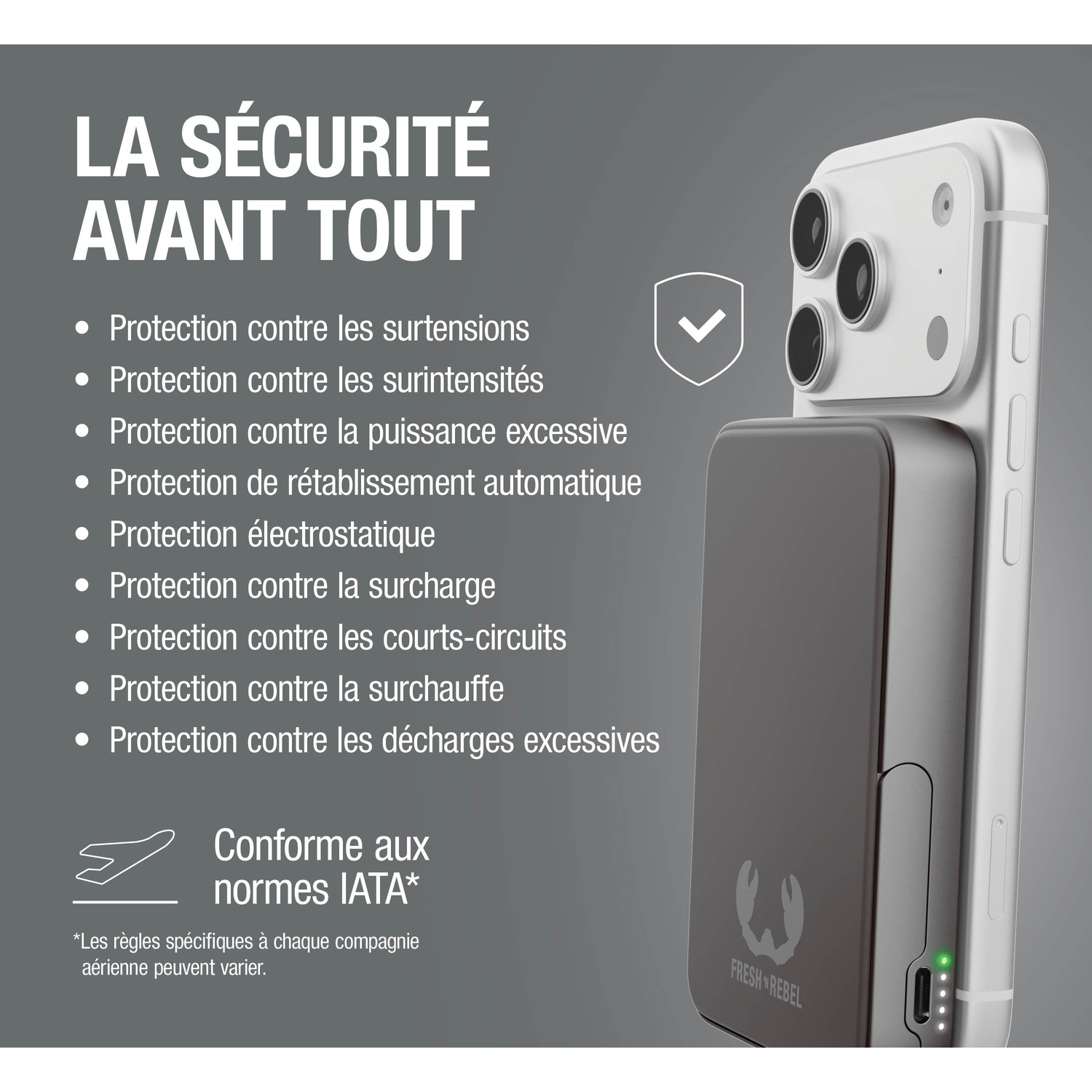 Illustration d'un iPhone blanc avec une batterie grise attachée. Texte sur la sécurité.