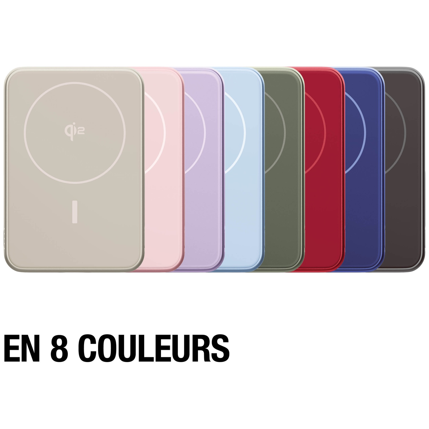 Huit chargeurs sans fil Qi de différentes couleurs : beige, rose, violet, bleu, vert, rouge, bleu foncé, noir.