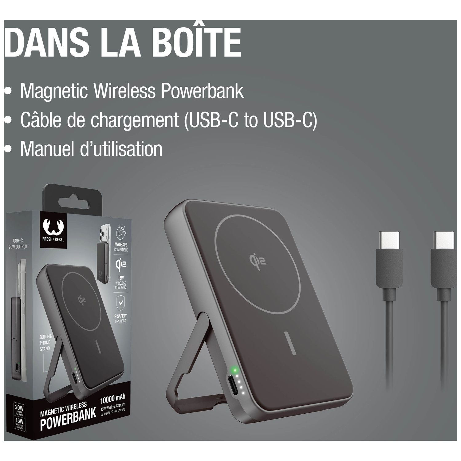 Batterie externe grise avec support, deux câbles USB-C et emballage.