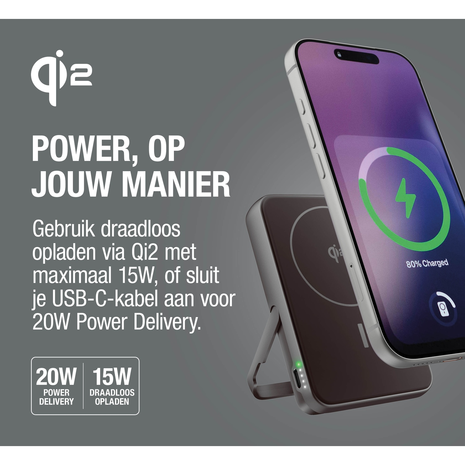 A smartphone is wirelessly charging on a Qi2 charger at 80%.