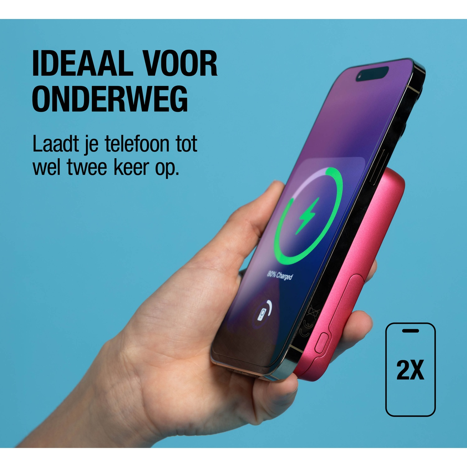 A hand holds a phone being charged by a pink power bank, showing 80% charged.