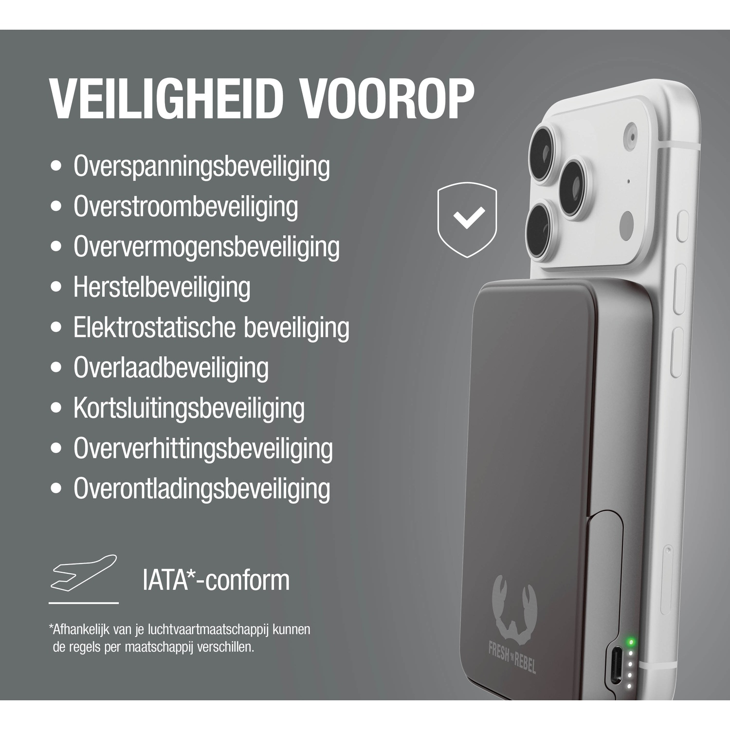 A gray power bank charger is attached to a white smartphone. It lists safety features.