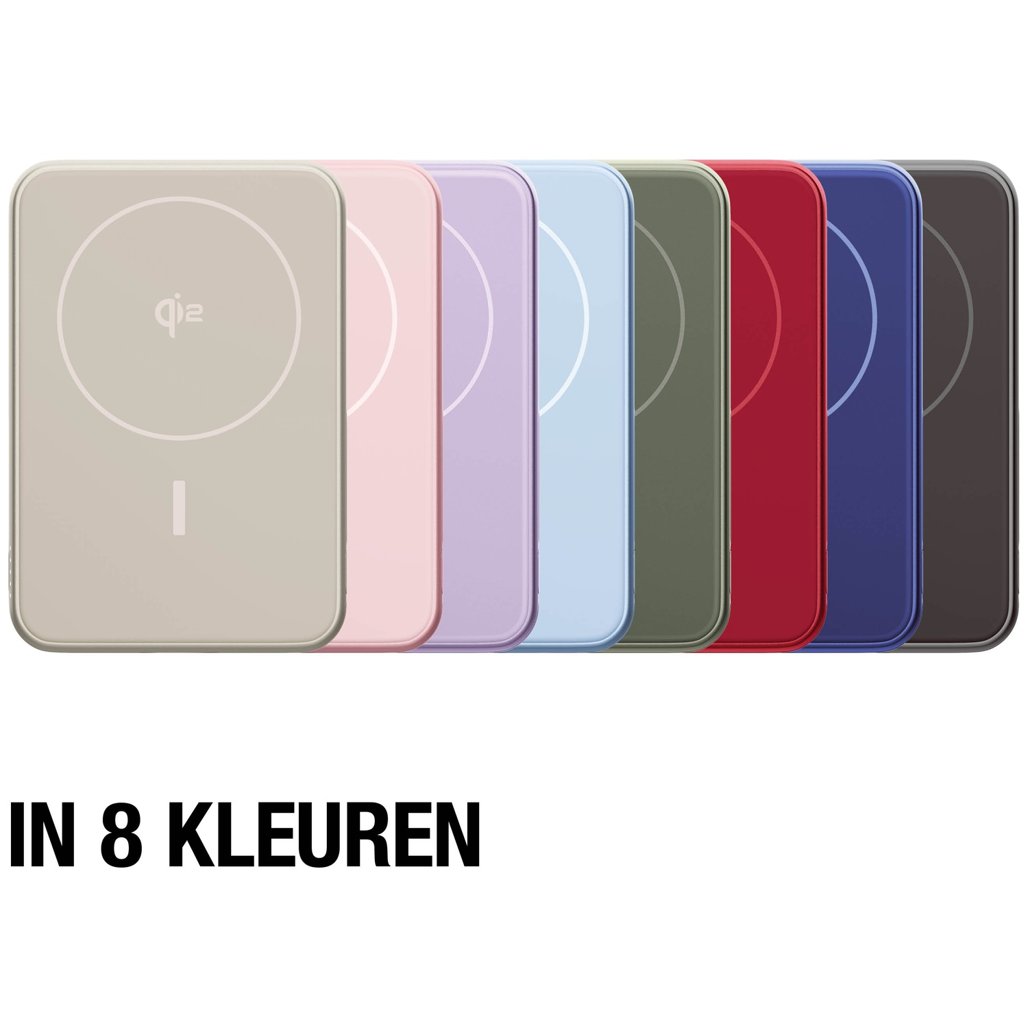A row of wireless chargers in eight different colors, from beige to black.