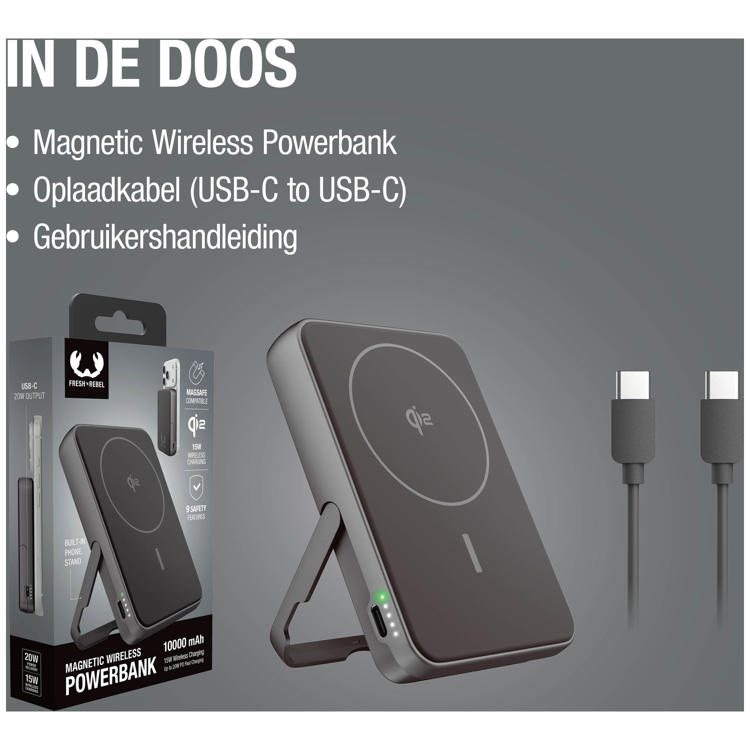 Magnetic wireless powerbank with stand and USB-C cable. Contents list.