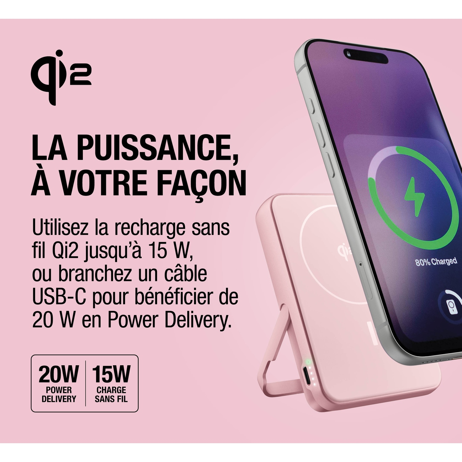 Un chargeur Qi2 rose avec un iPhone en charge sans fil. 80% chargé.