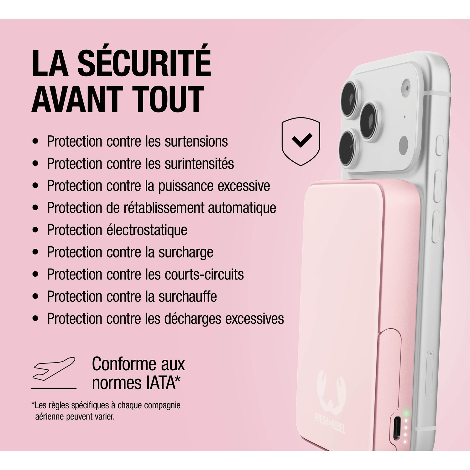 Texte sur fond rose avec téléphone, batterie externe et caractéristiques de sécurité.