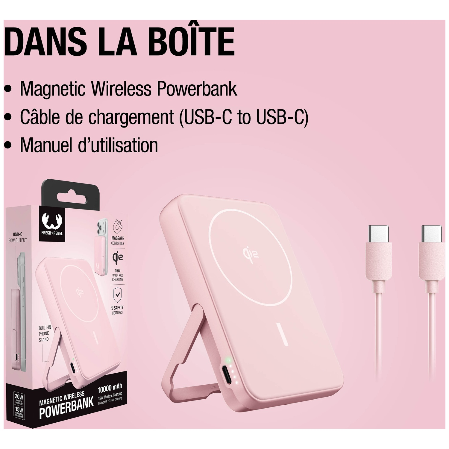 Powerbank magnétique sans fil rose avec support, câble USB-C et emballage.