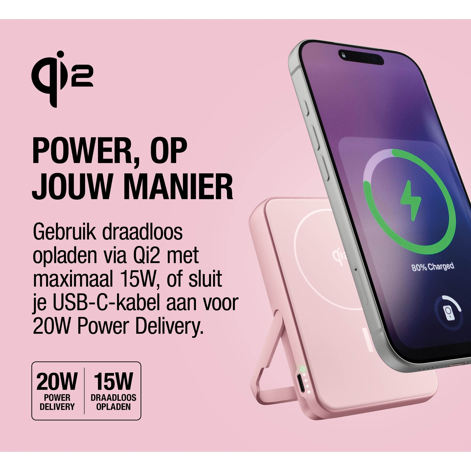 Een iPhone laadt draadloos op een roze Qi2 oplader.