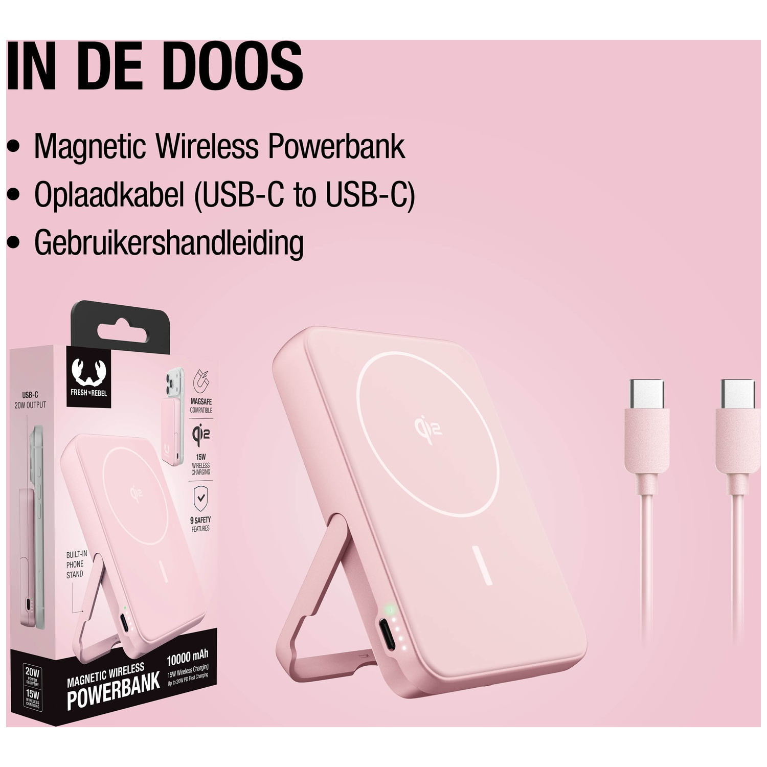 Een roze powerbank met ingebouwde standaard en oplaadkabel.