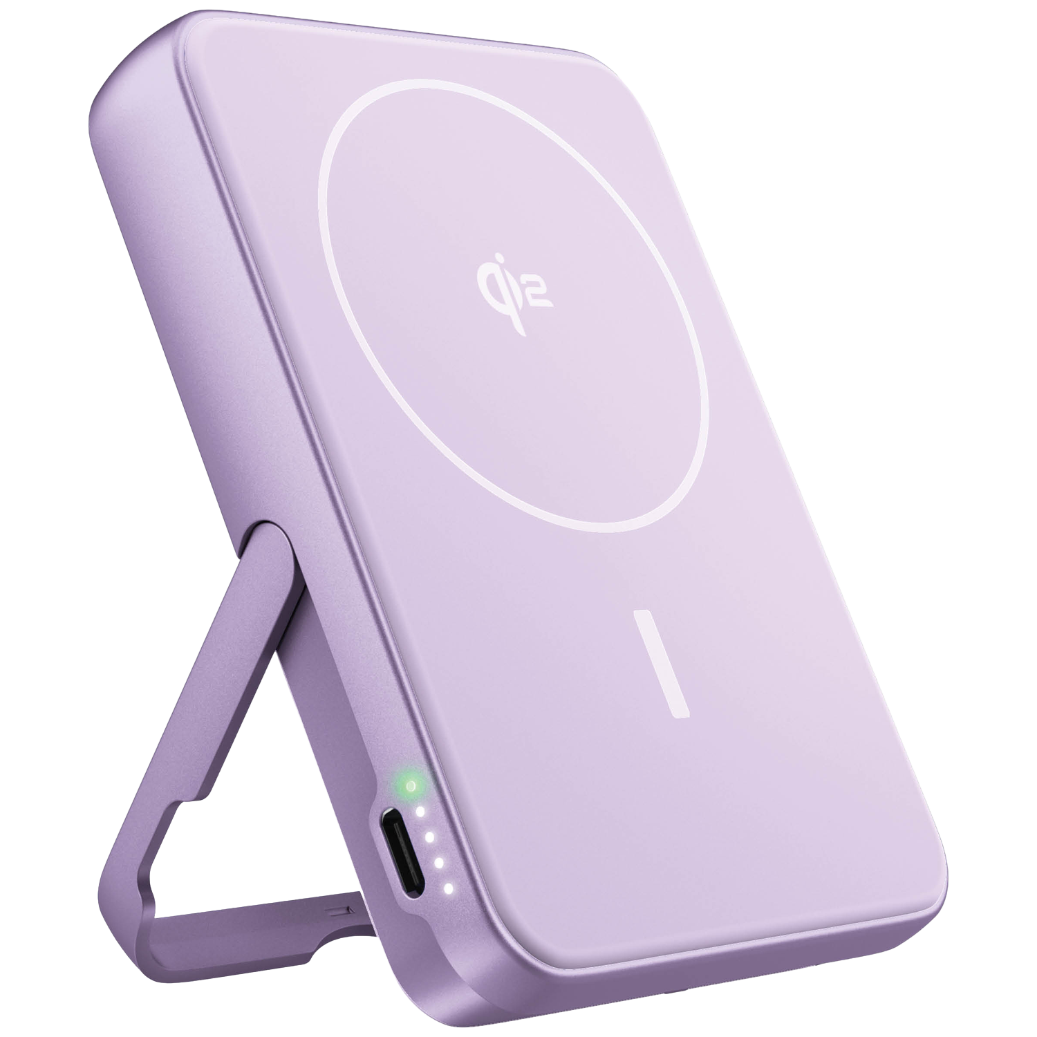 Un chargeur sans fil violet avec béquille et voyants de charge.
