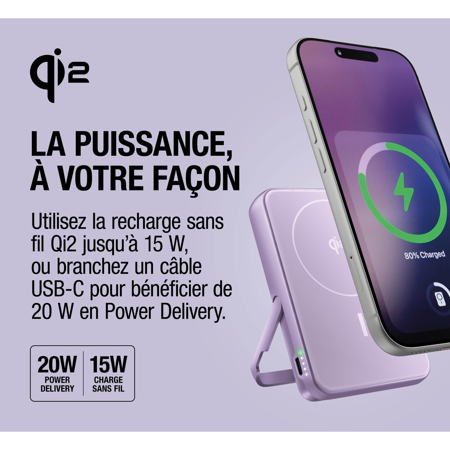 Un chargeur Qi2 violet avec un iPhone en charge sans fil. 80% chargé.