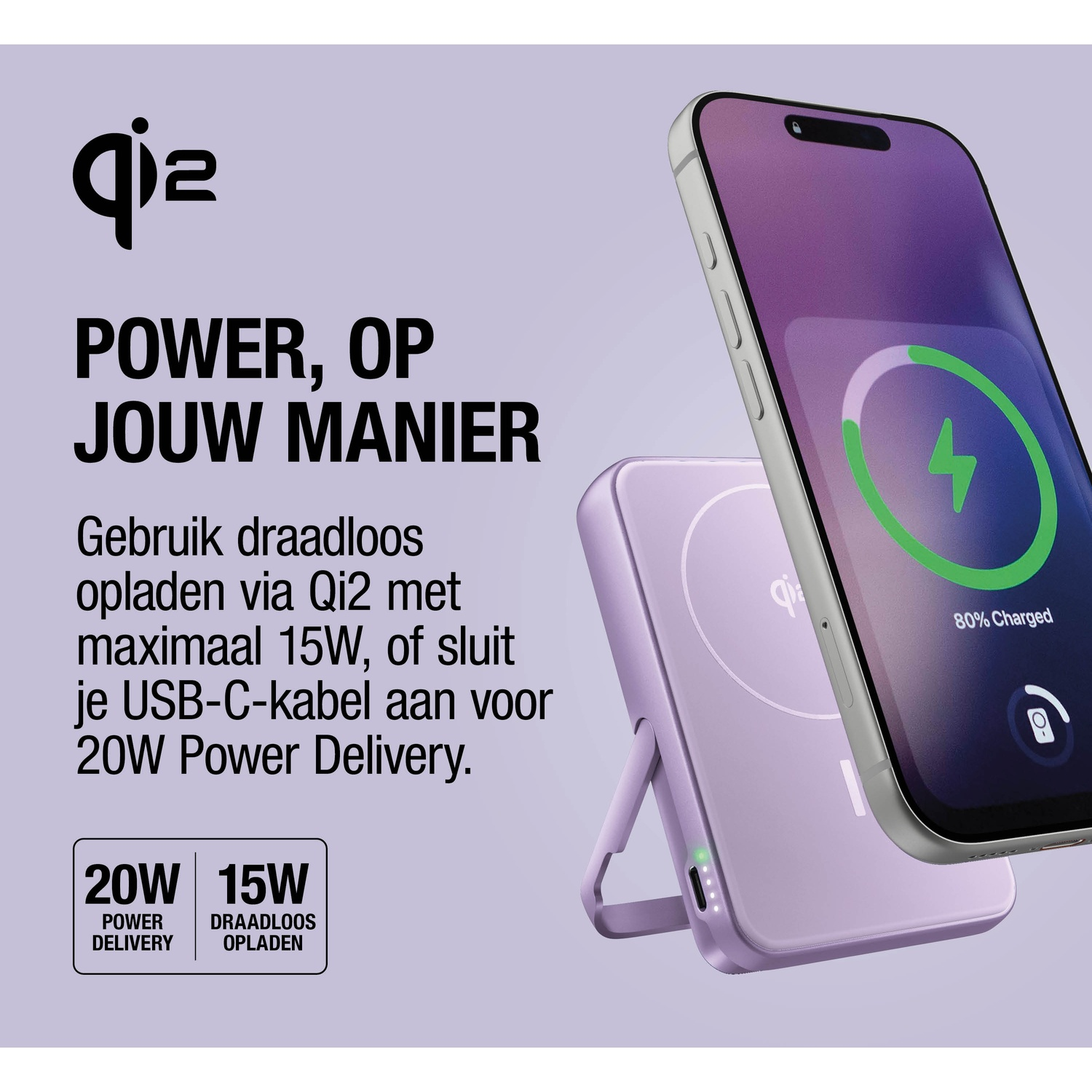 Een paarse Qi2 lader onder een iPhone die 80% is opgeladen.