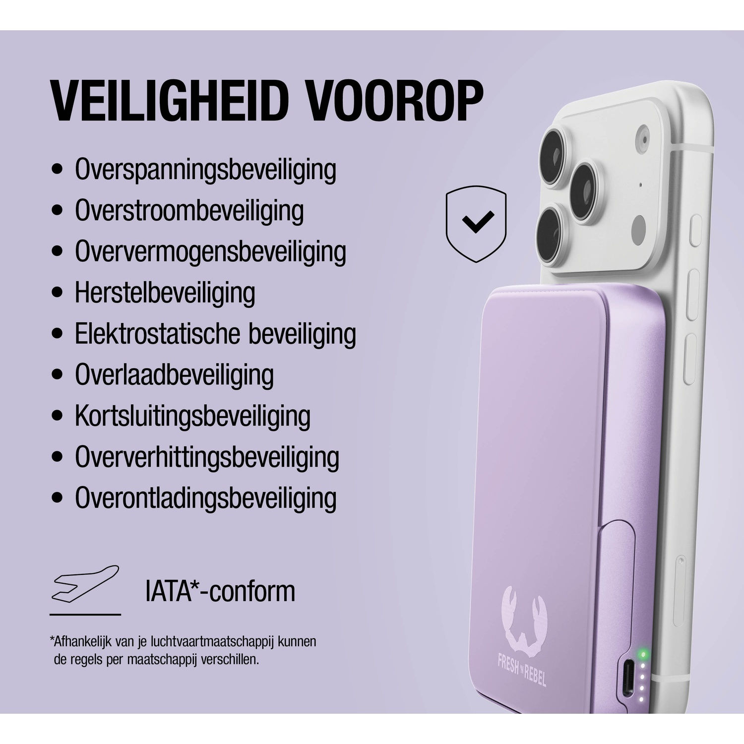 Een paarse powerbank is bevestigd aan een witte telefoon. Veiligheidsfuncties worden opgesomd.