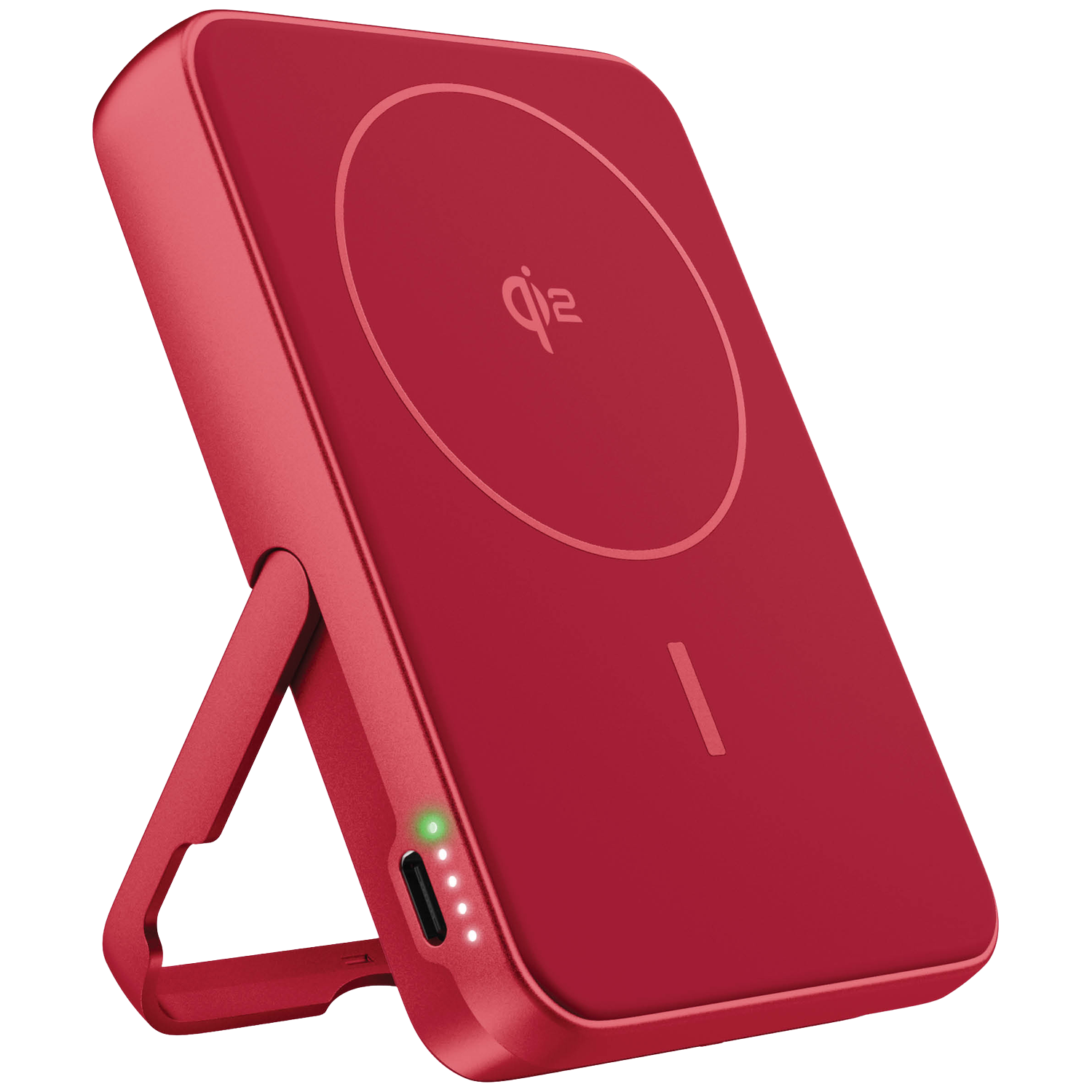Chargeur sans fil rouge avec béquille et voyants de charge.