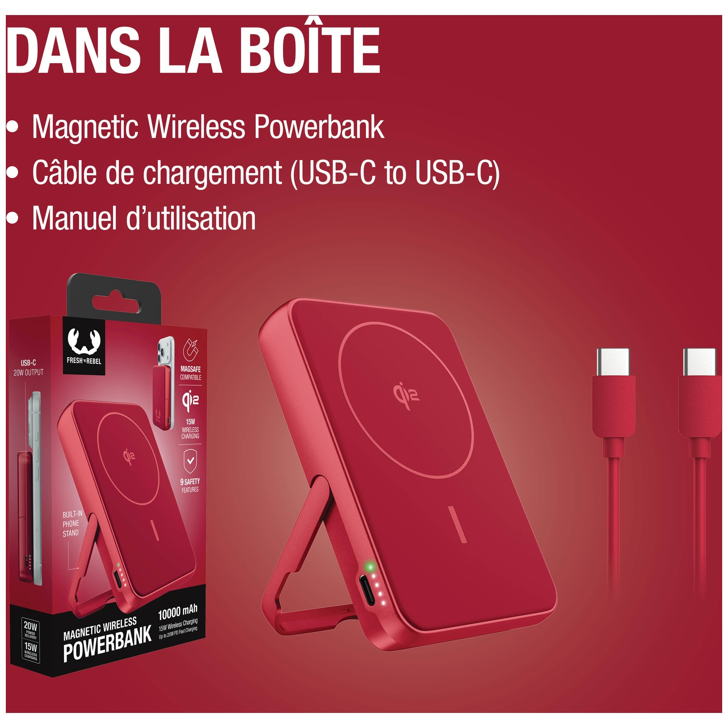 Batterie externe magnétique rouge avec support, câble USB-C et contenu boîte.
