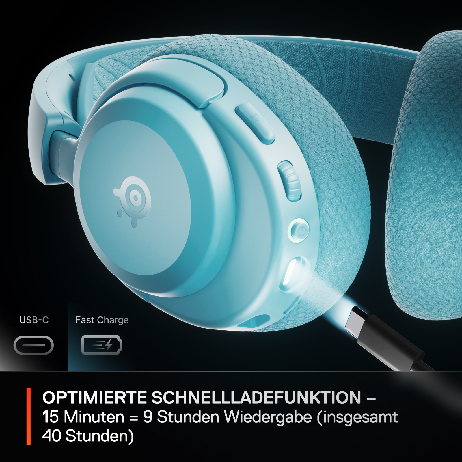 Blaue Kopfhörer mit USB-C-Schnellladefunktion und Text.