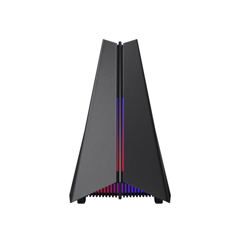 Fekete számítógépház középen RGB világítással.