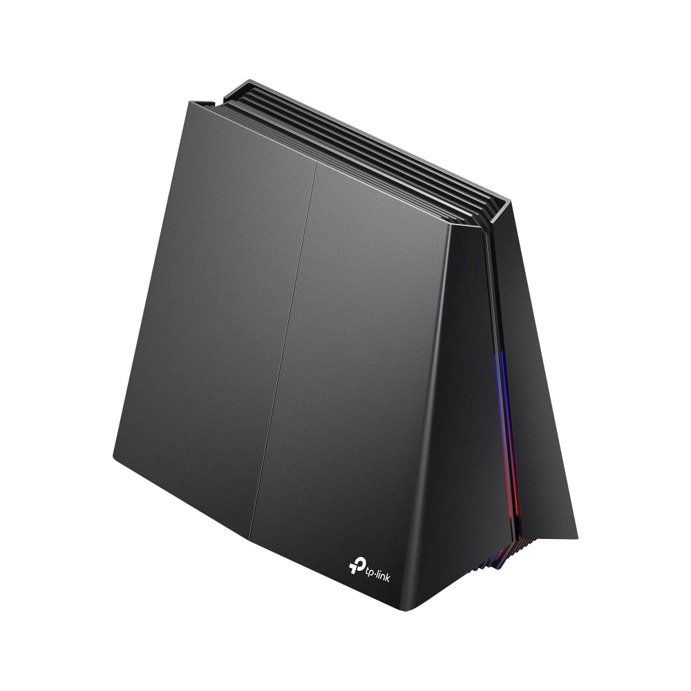 Fekete TP-Link router szellőzőkkel és kék/piros fényekkel.