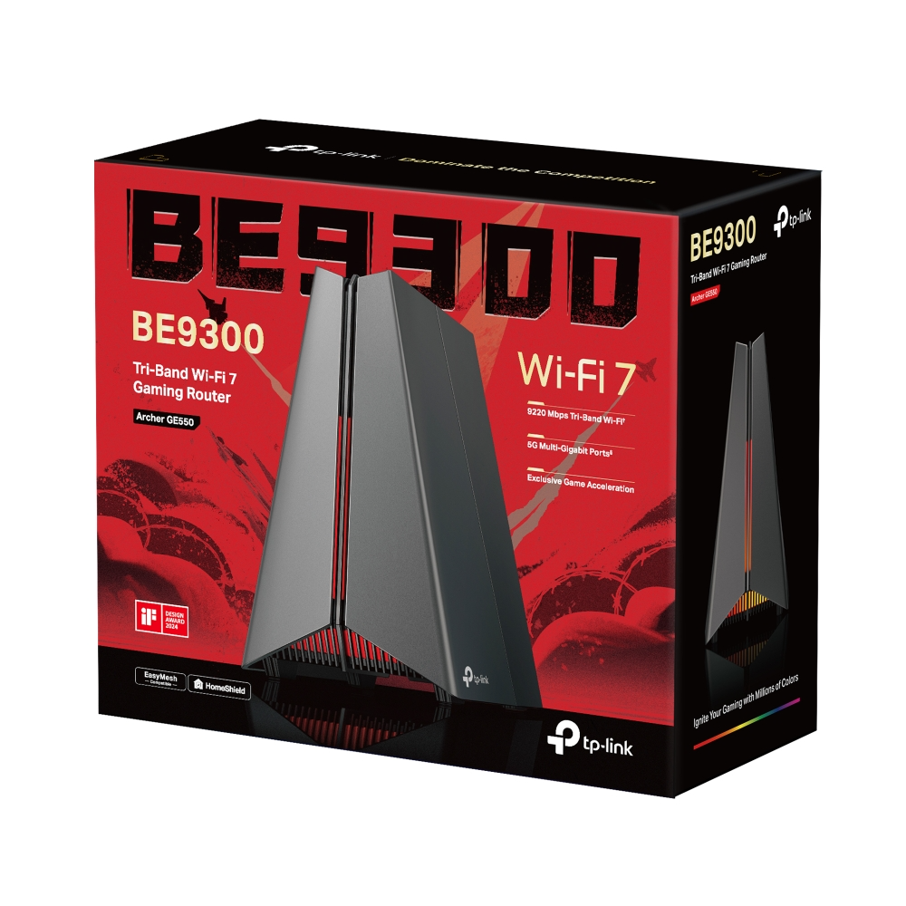 TP-Link BE9300 Wi-Fi 7 gamer router csomagolása, router képpel és specifikációkkal.
