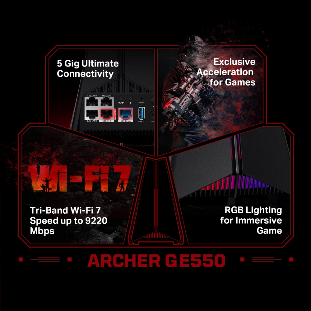 Archer GE550 router 5 Gig csatlakozással, Wi-Fi 7-tel és RGB világítással.