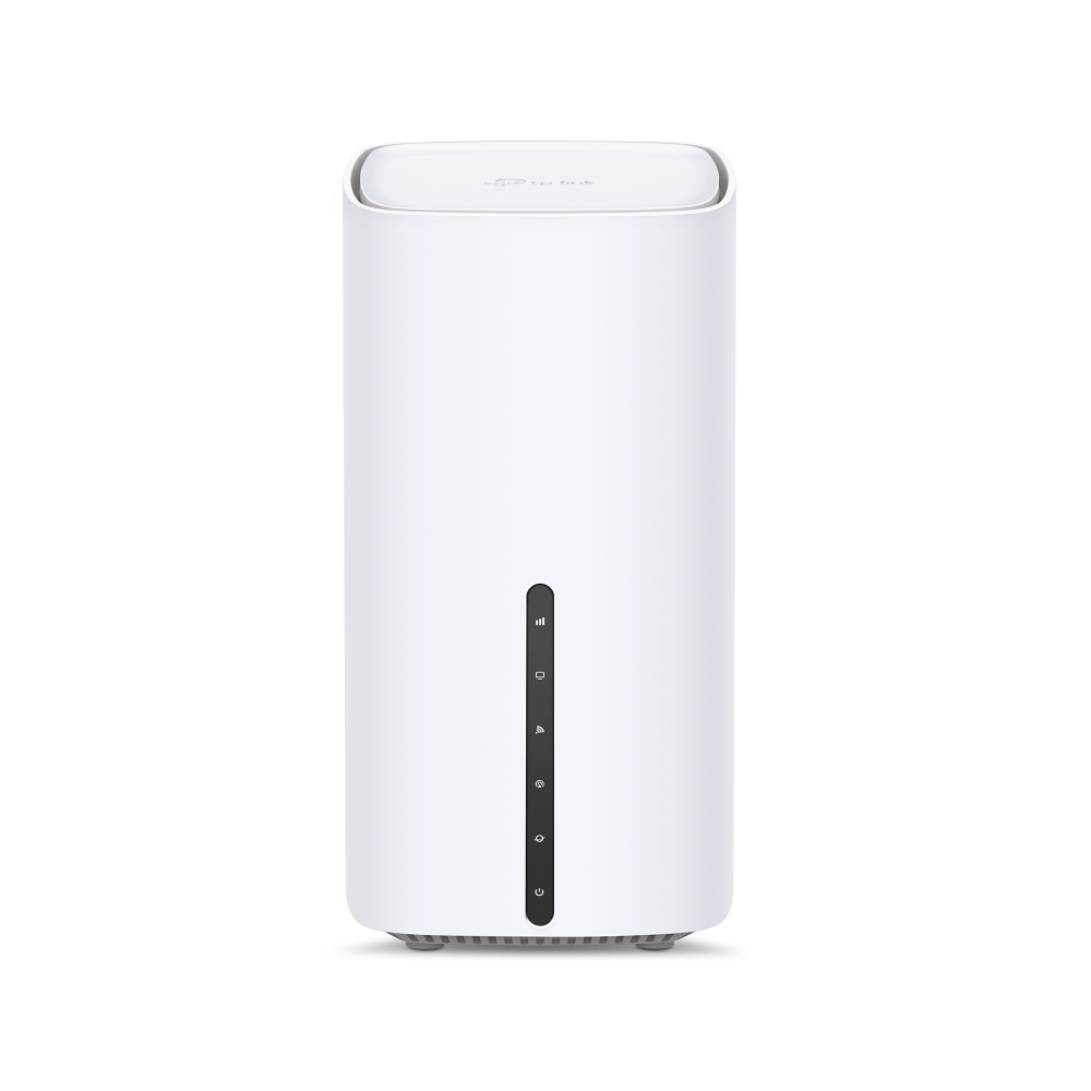 Egy fehér TP-Link router függőleges LED csíkkal és ikonokkal.