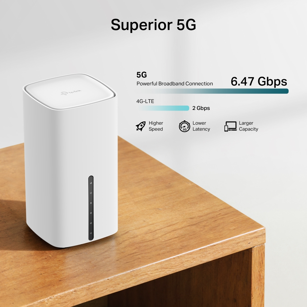 Egy fehér 5G-router faasztalon, sebességre és kapacitásra vonatkozó szöveggel.