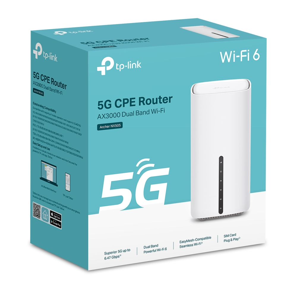 TP-Link 5G Router AX3000 Kétsávos Wi-Fi Archer NX505, fehér, türkiz dobozon.