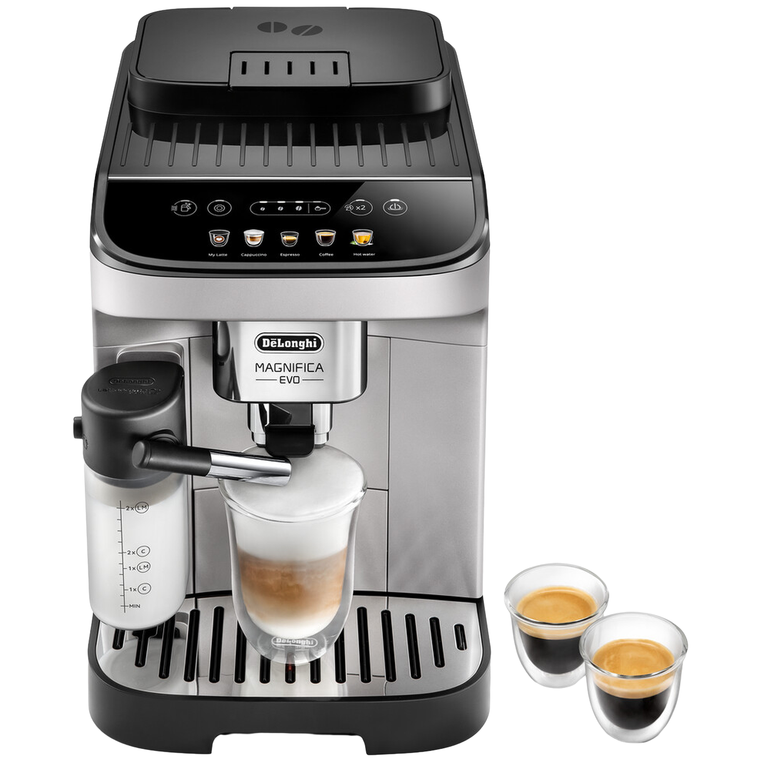 Zilveren DeLonghi Magnifica Evo koffiezetapparaat met melkreservoir en twee espressokopjes.