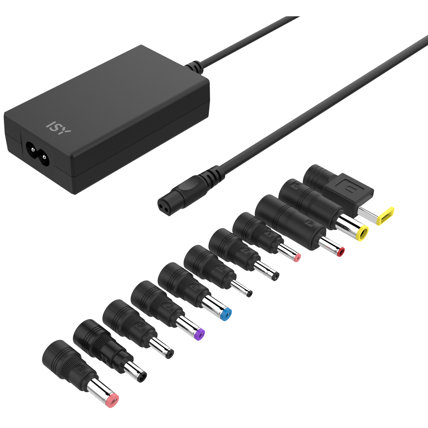 Black power adapter with ISY logo and many different connectors.