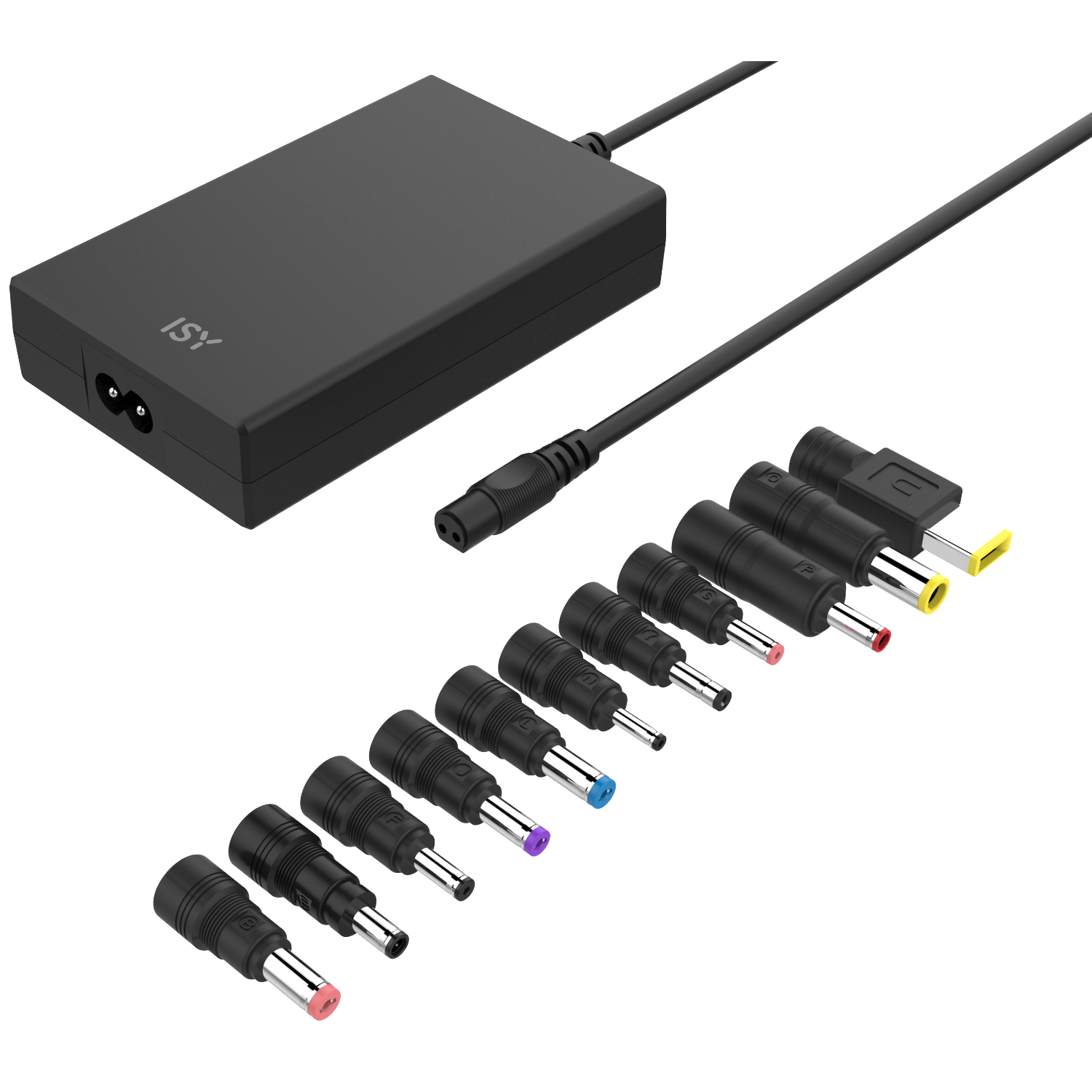 Black ISY power adapter with multiple interchangeable charging tips of various colors.