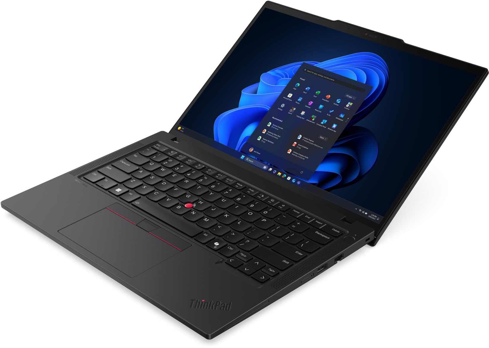 Egy nyitott fekete laptopon Windows 11 látható a képernyőn és a billentyűzeten.