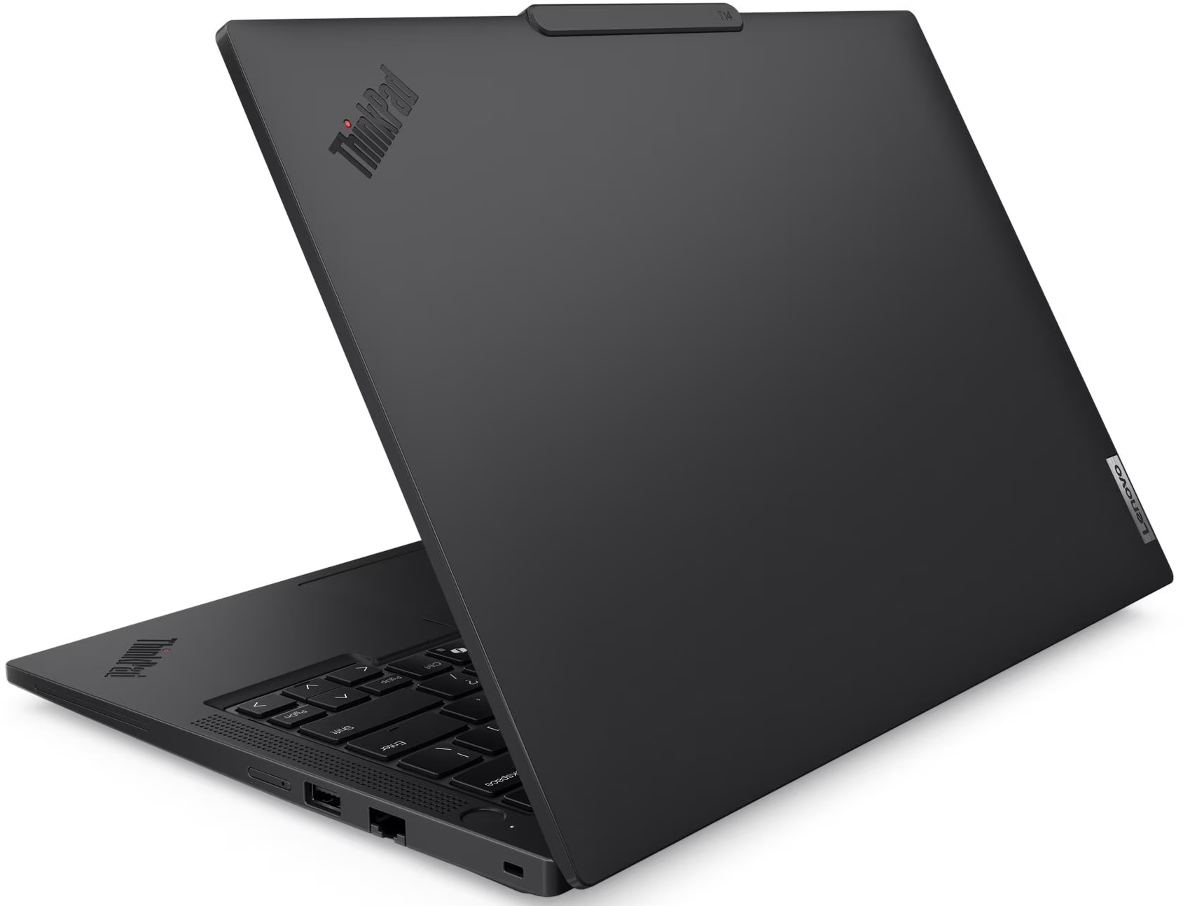 Fekete laptop ThinkPad logóval és billentyűzettel, közelről.