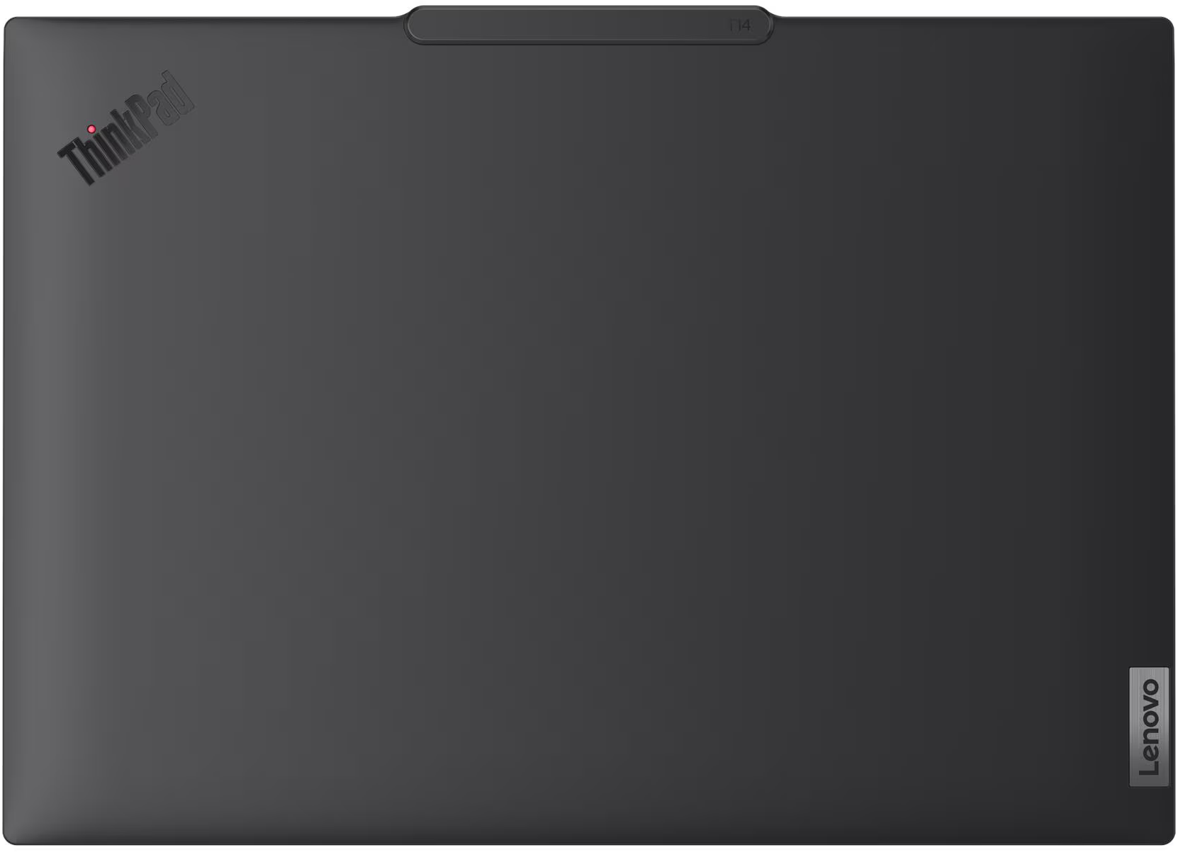 Sötétszürke Lenovo ThinkPad T14 laptop, csukott állapotban, felülnézet.